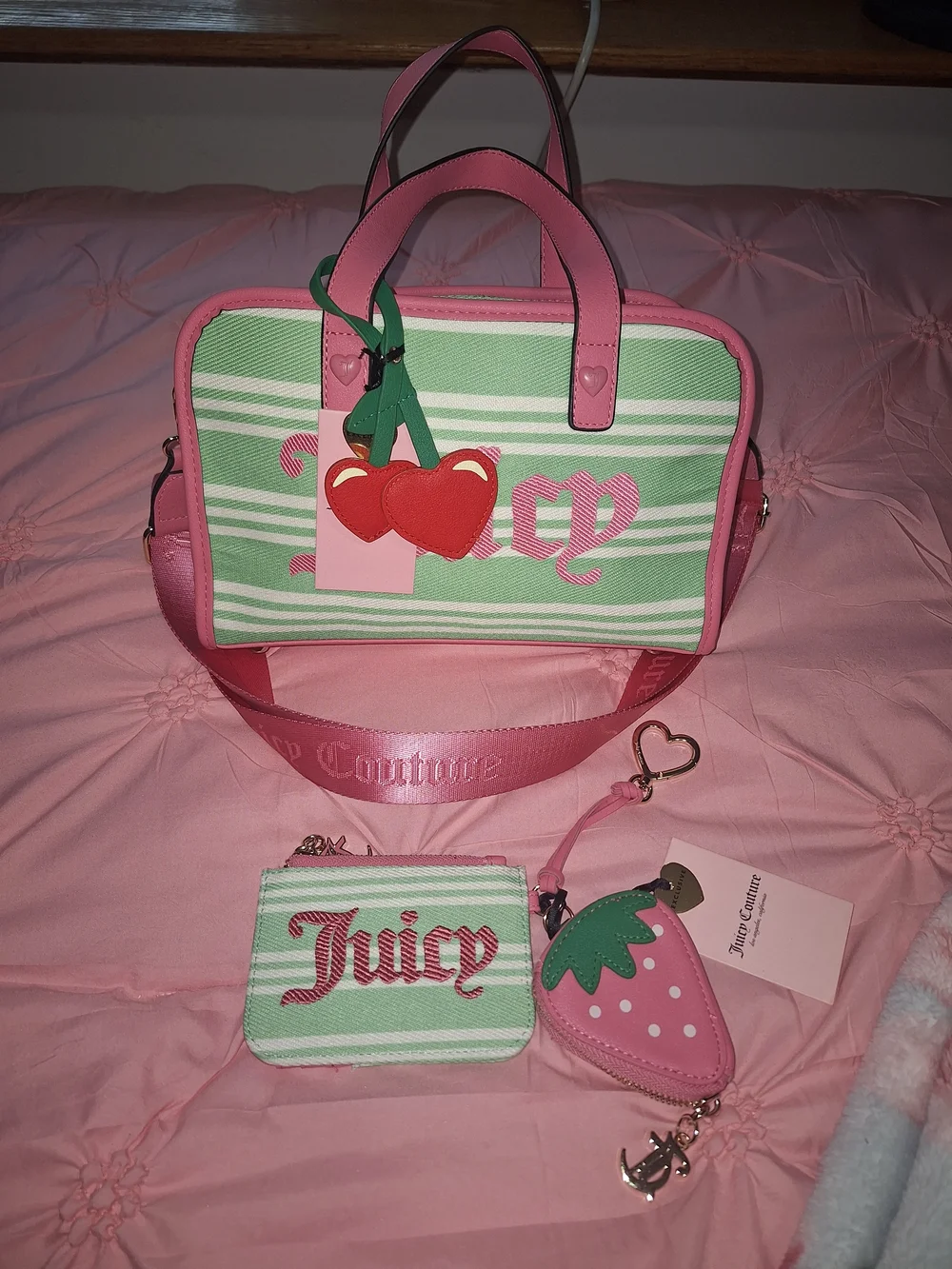 EXCLUSIVE Juicy Couture Pink & Mint Cherry-Strap Satchel Matching Wallet